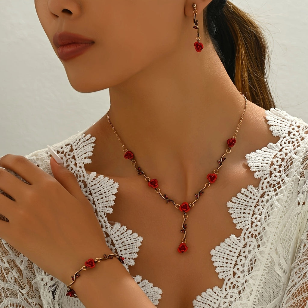 Luxury Romantic Red Rose Jewelry Set