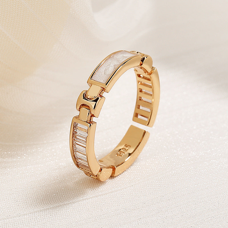 Modern Geometric Gold Link Adjustable Ring with Baguette Accents