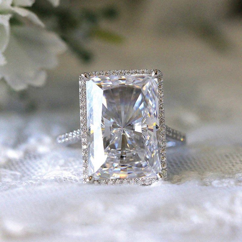 Radiant Emerald-Cut Halo Solitaire Ring in Sterling Silver