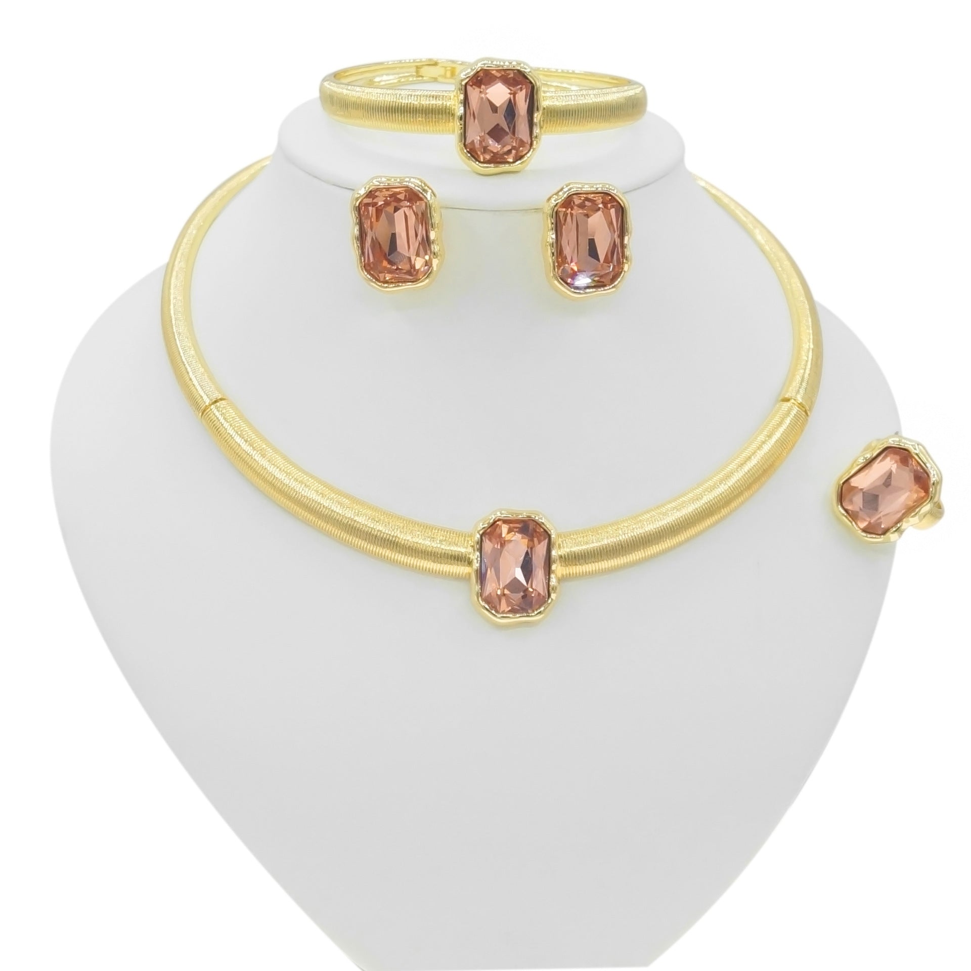 Gold Color Block Jewelry Set with Amber Stone