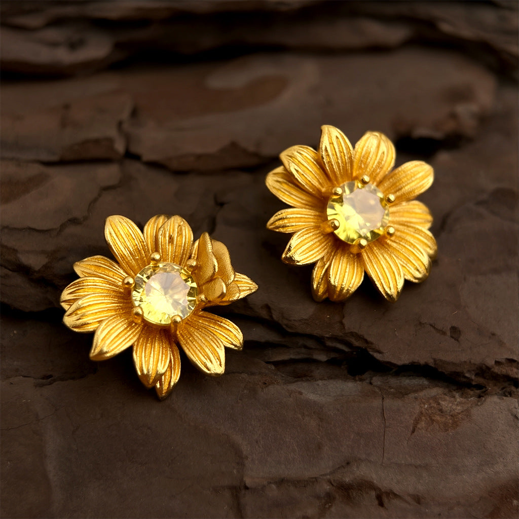 Vintage Gold Flower Stud Earrings with Crystal Center