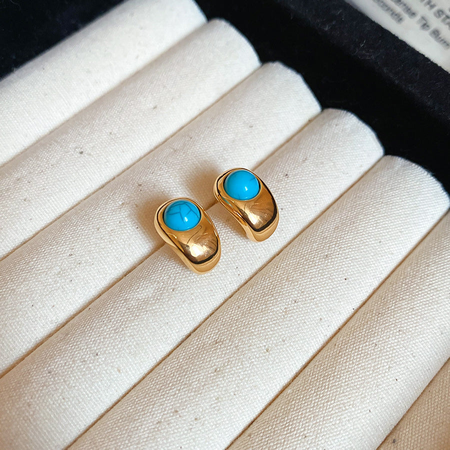 Gold Hoop Stud Earrings with Turquoise Stone