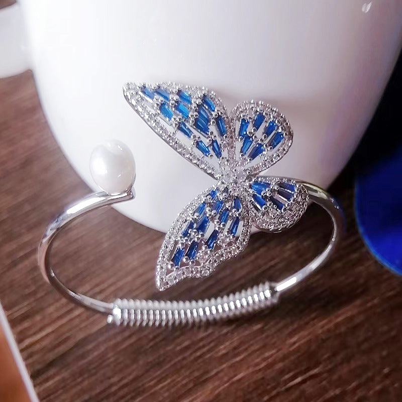 Butterfly Motif Open Cuff Bracelet with Delicate Crystal Detail