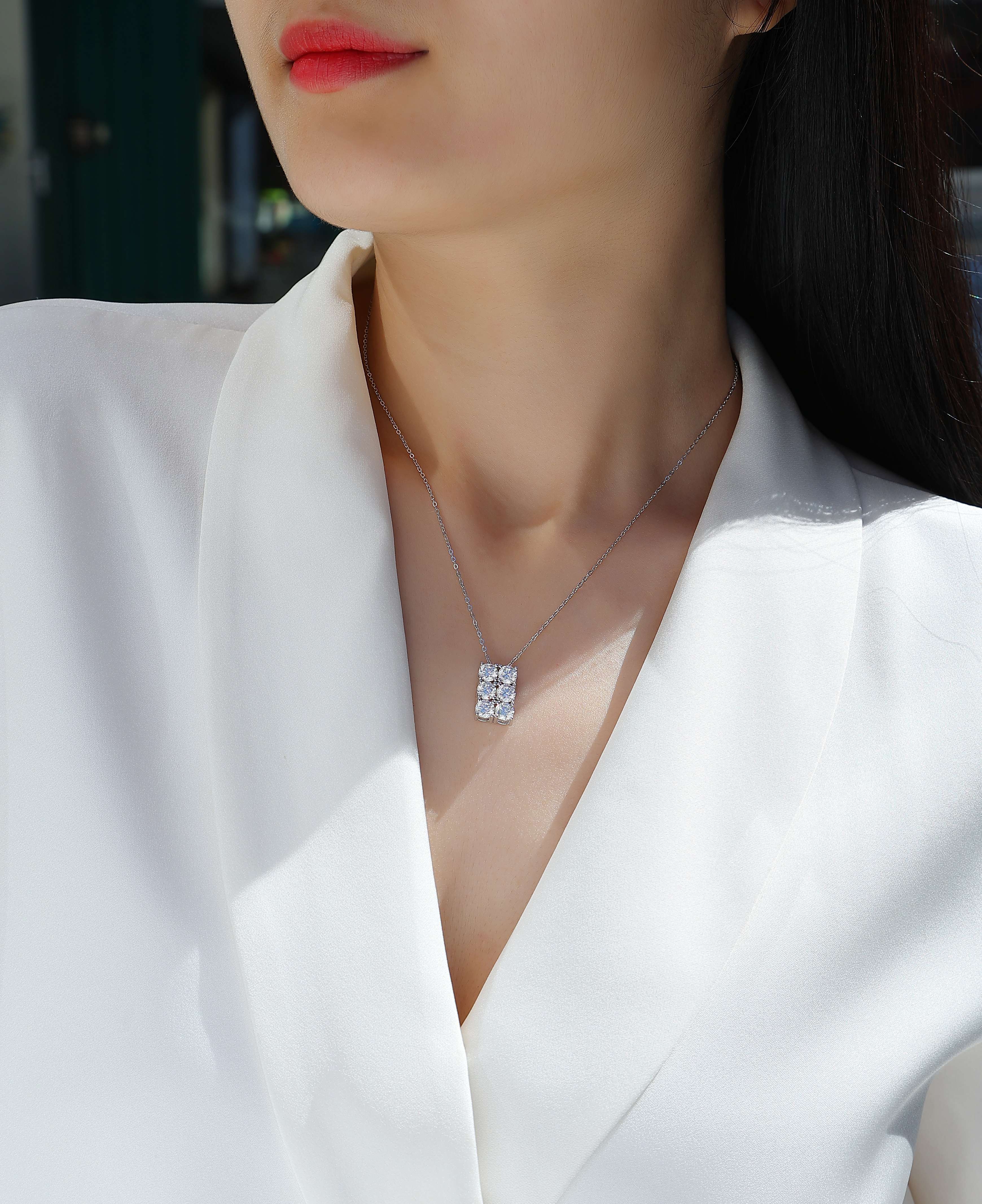 Rectangular Cluster Moissanite Pendant Necklace