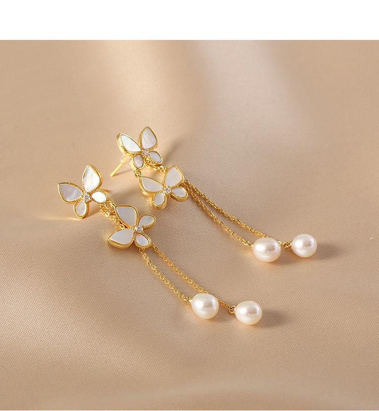 Butterfly Pearl Tassel Drop Earrings