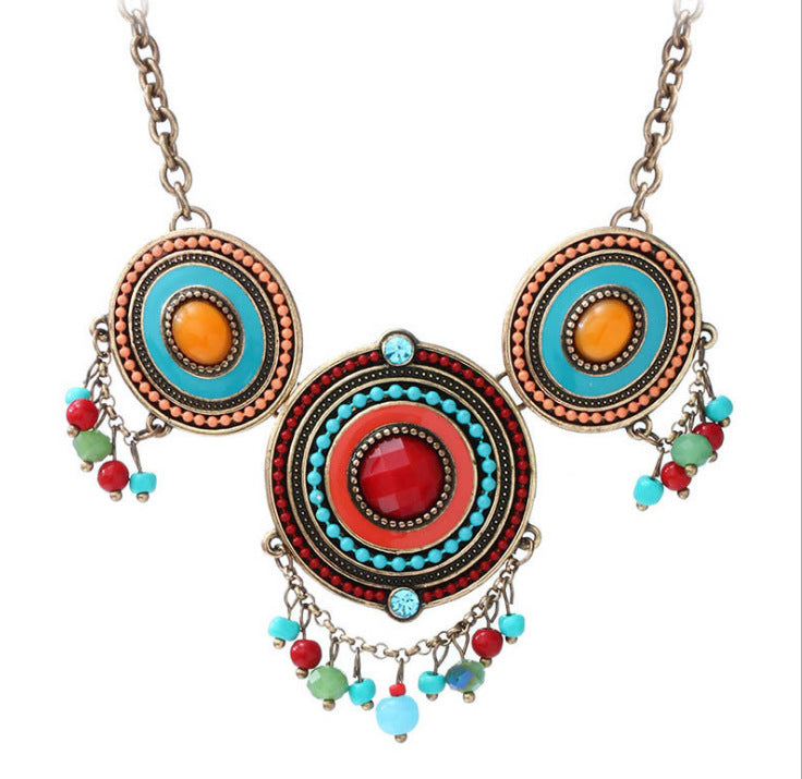 Bohemian Medallion Necklace with Colorful Beads & Vintage Detail