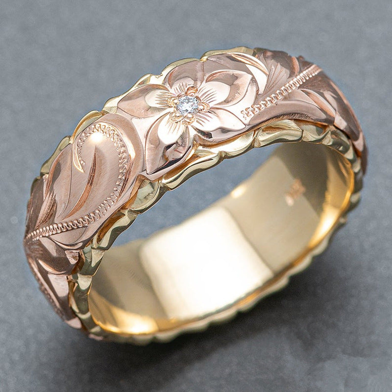 Krystal Crafts Two-Tone Floral Engraved Diamond Band Ring