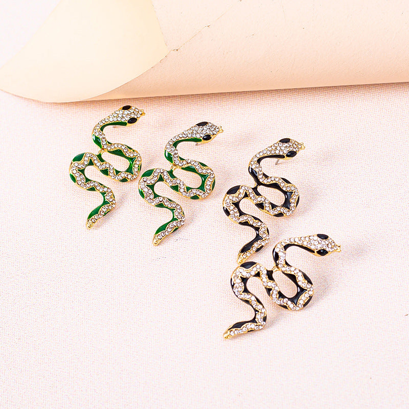 Green Rhinestone Snake Earrings