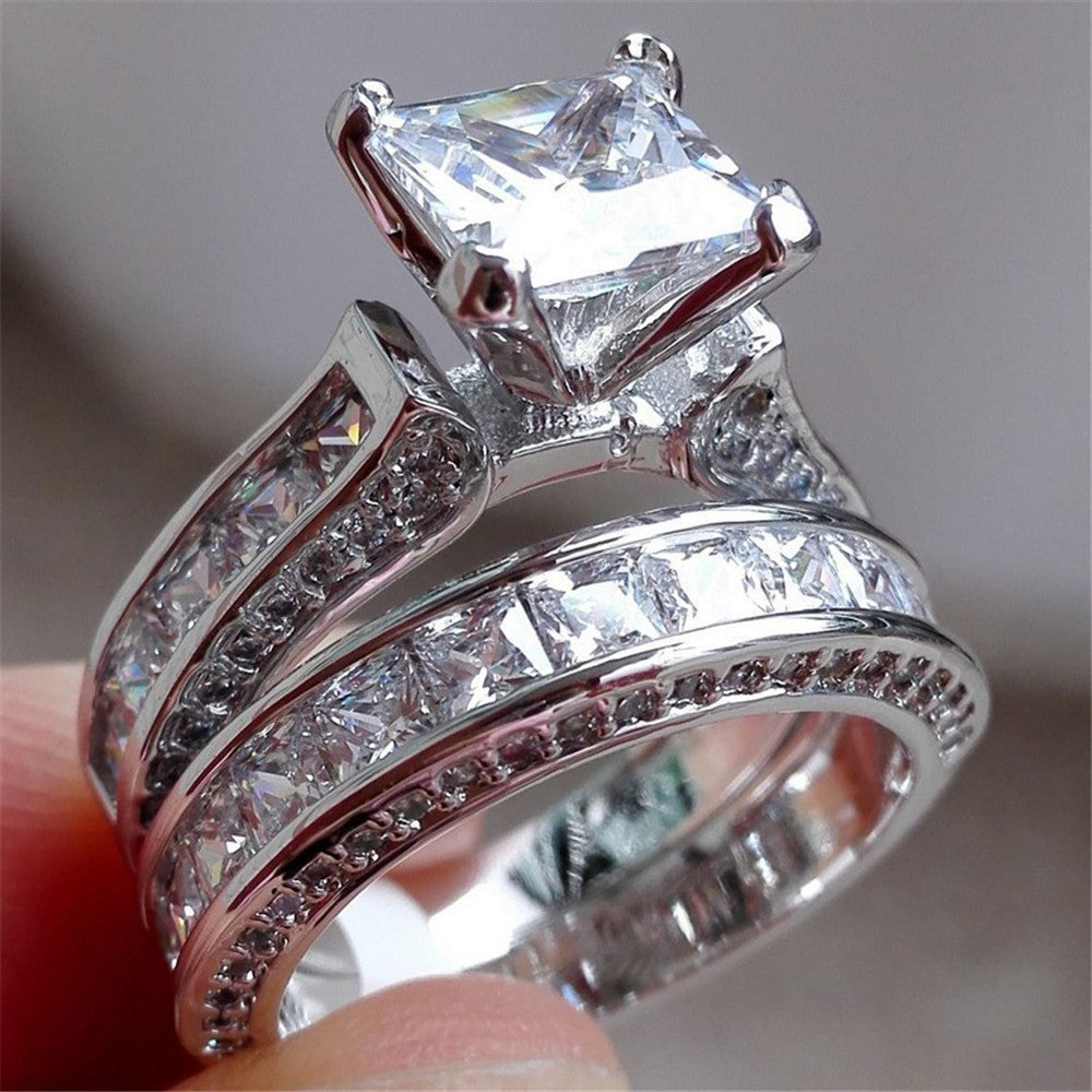 Princess Cut Engagement Ring Set – Triple Band Pavé Design