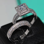 Princess Halo Bridal Ring Set with Pavé Band