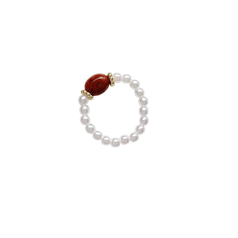 Pearl Beaded Adjustable Ring – Natural Stone Accent Band