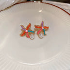 Colorful Starfish Stud Earrings with Pearl Drop