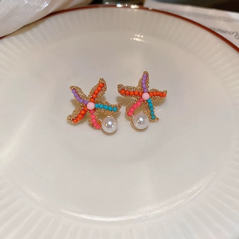 Colorful Starfish Stud Earrings with Pearl Drop