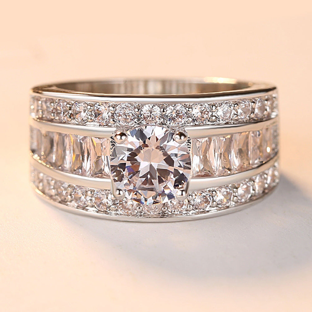 Wide Band Diamond Ring – Round Cut Center with Pavé Accents