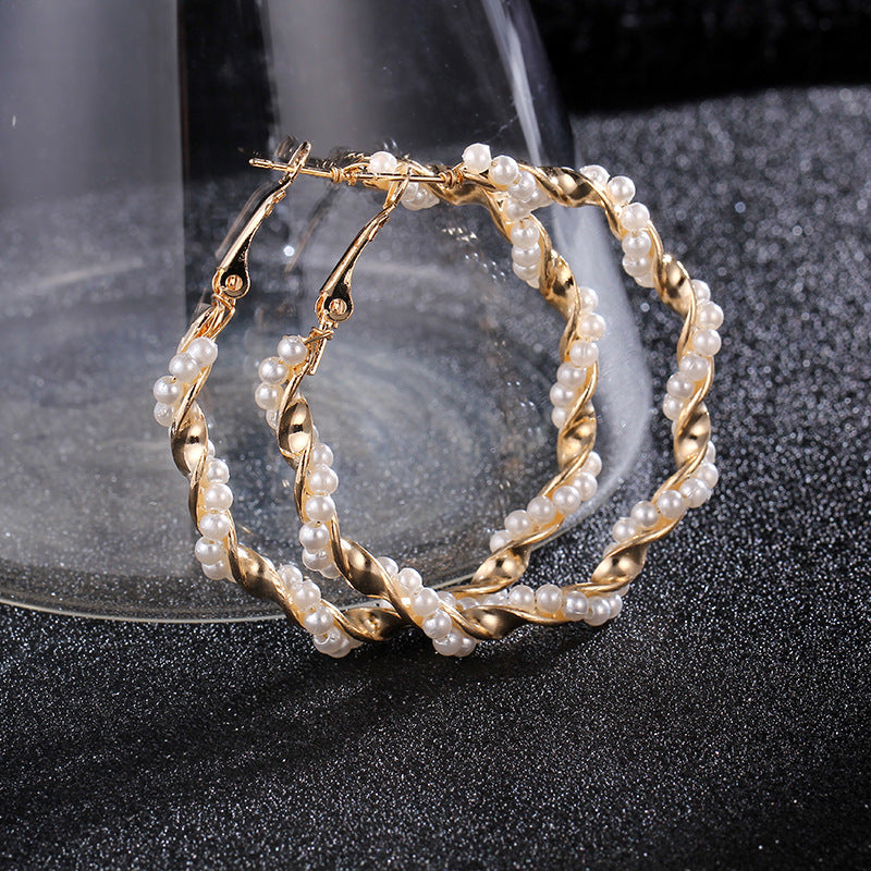 Elegant Twisted Gold Pearl Hoop Earrings