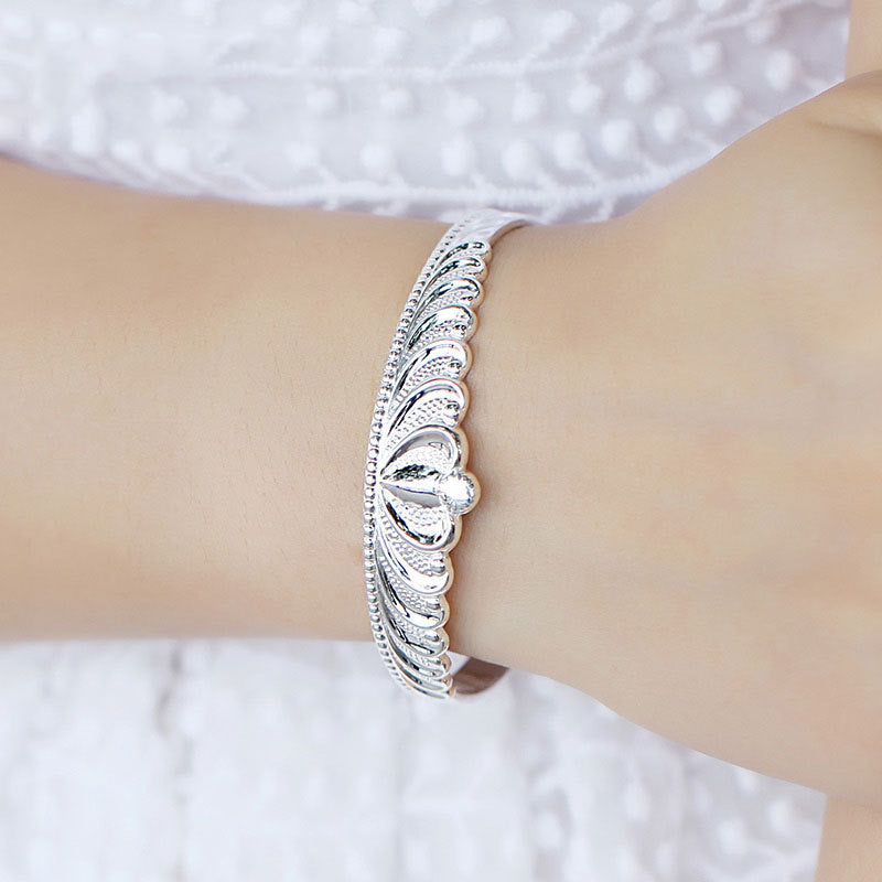Crowned Open Cuff Bracelet with Ornate Sculpted Detail