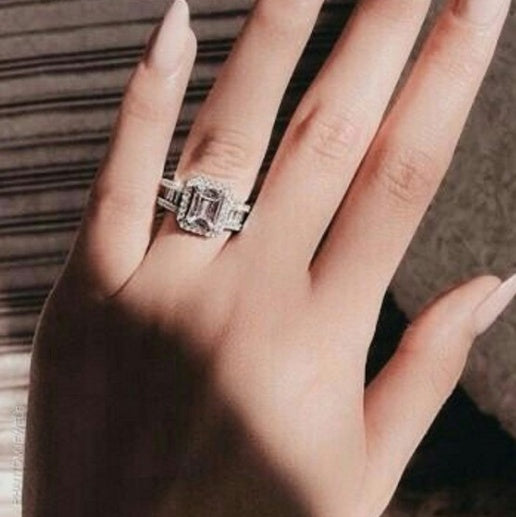 Emerald Cut Halo Engagement Ring with Baguette Accents