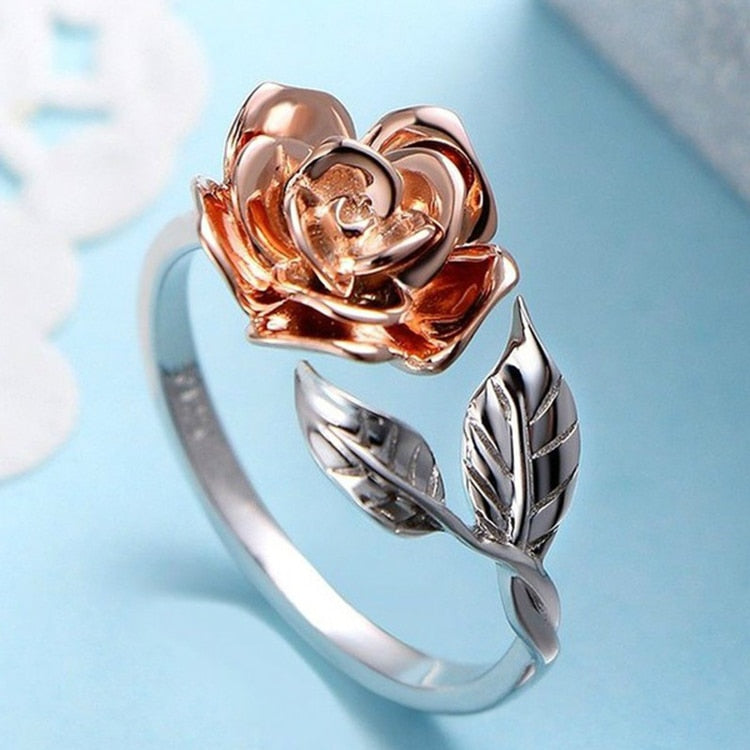 Vintage Rose Bloom Ring in Silver with Rose Gold Accent
