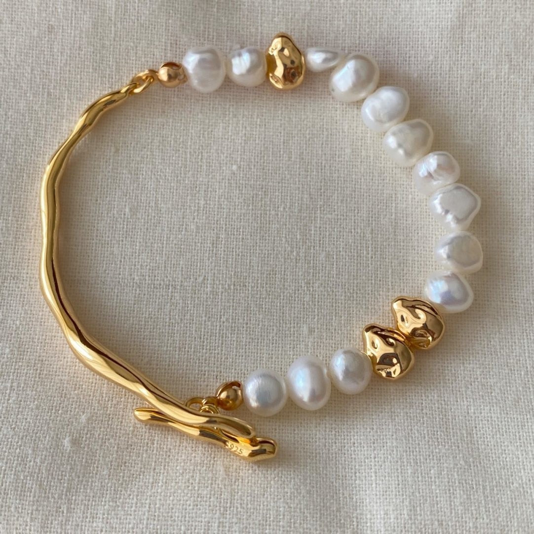 Pearl Accent Open Bracelet with Sculptural Contrast Design