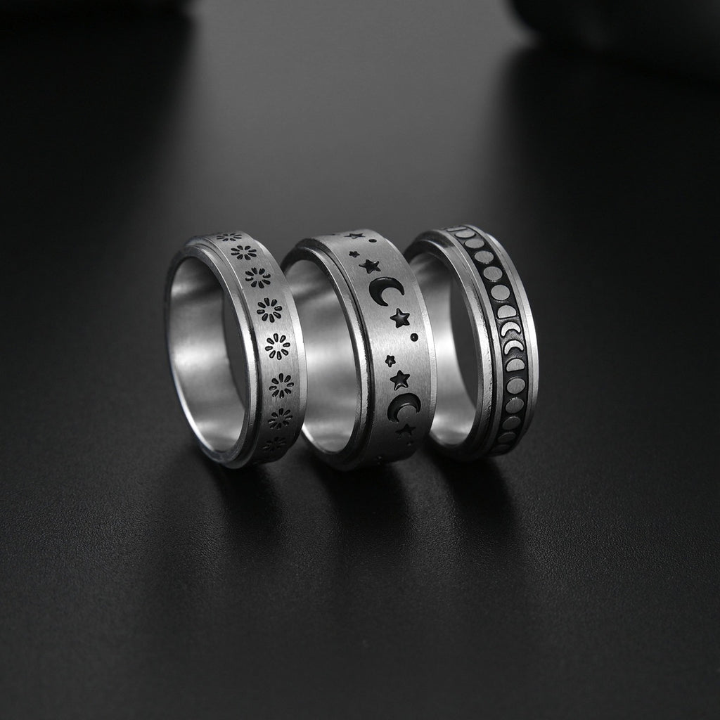 Celestial Engraved Band Ring – Moon, Star & Minimal Pattern Set