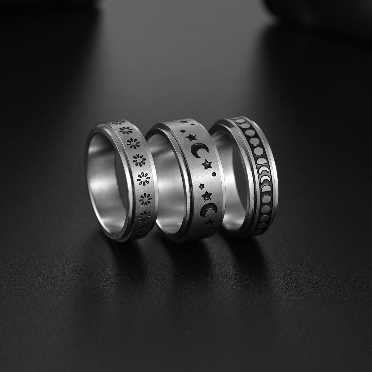 Celestial Engraved Band Ring – Moon, Star & Minimal Pattern Set
