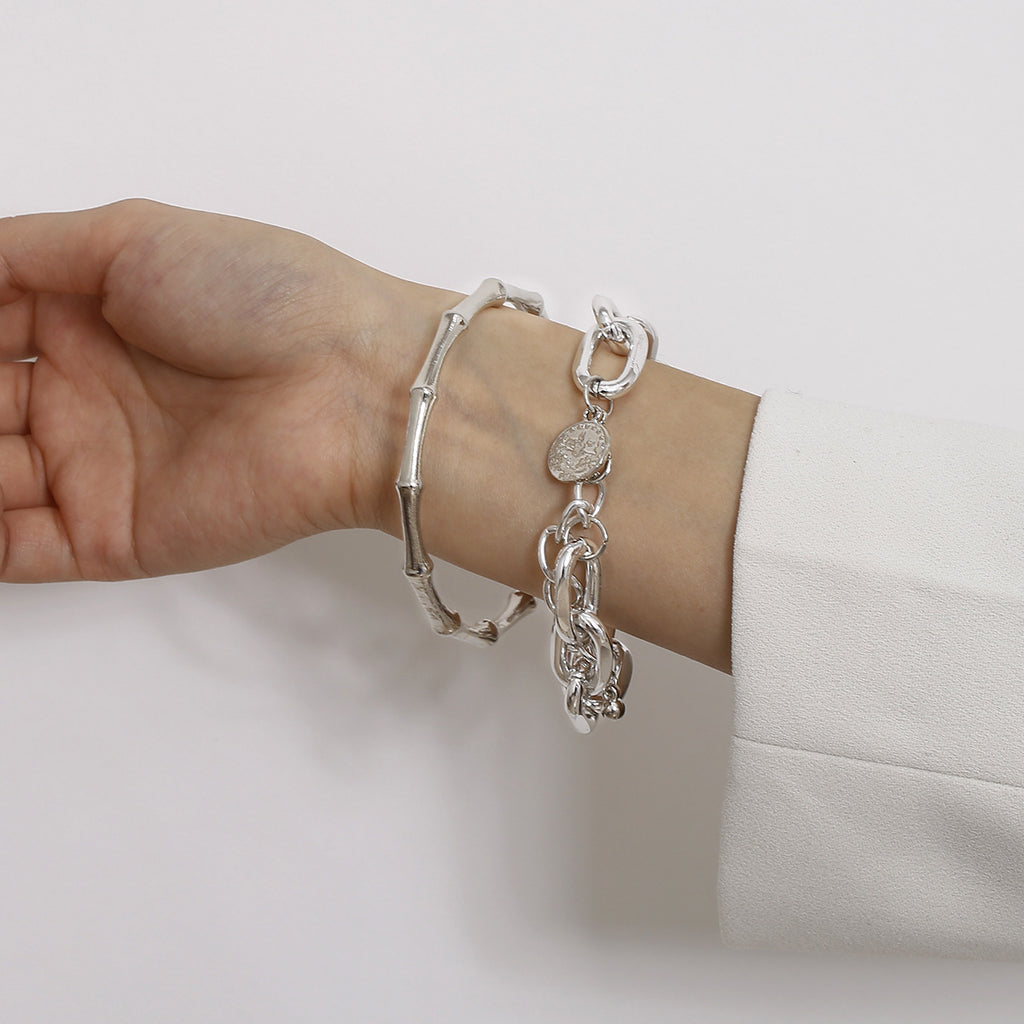 Two-Piece Bracelet Set with Organic Bangle and Chain Design