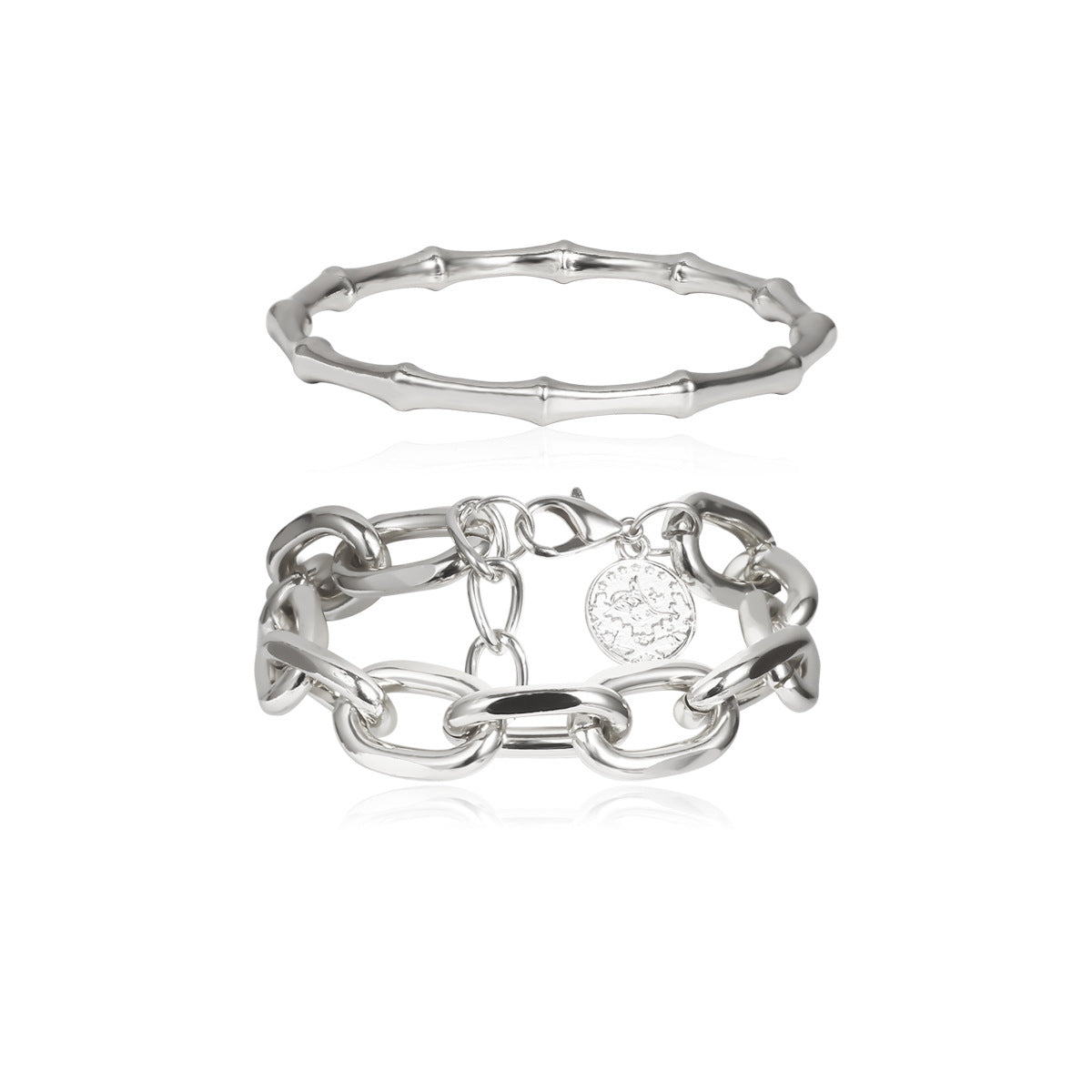 Two-Piece Bracelet Set with Organic Bangle and Chain Design