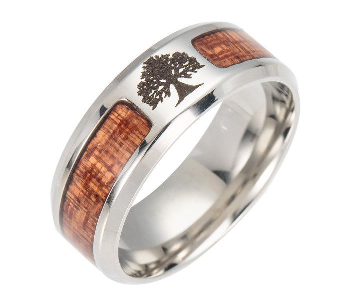 Stainless Steel & Wood Inlay Ring – Symbol Engraved Band