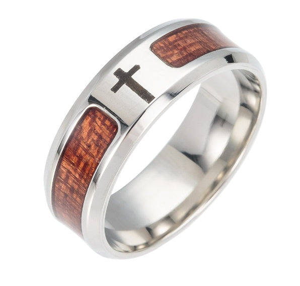 Stainless Steel & Wood Inlay Ring – Symbol Engraved Band