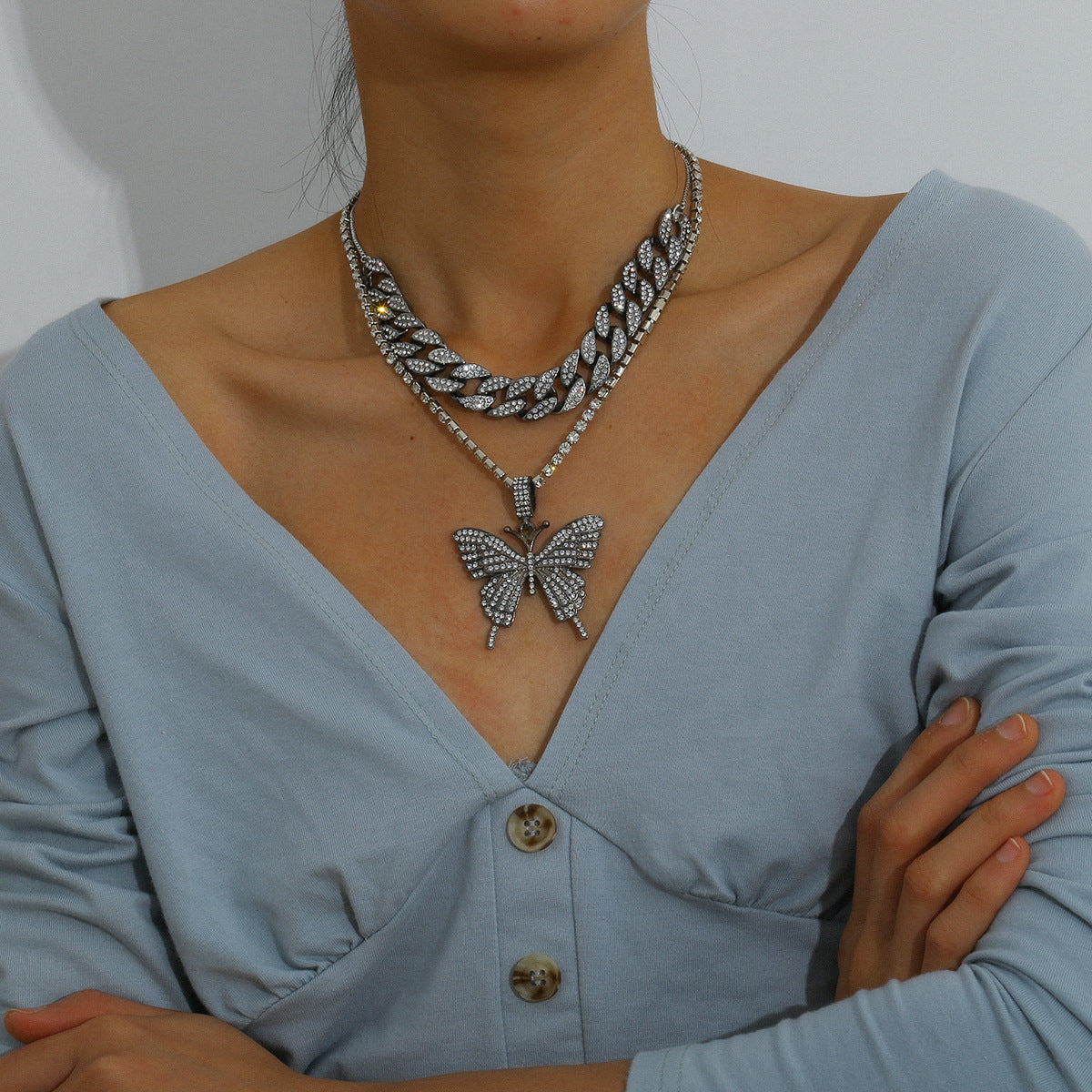 Crystal Butterfly Layered Chain Necklace