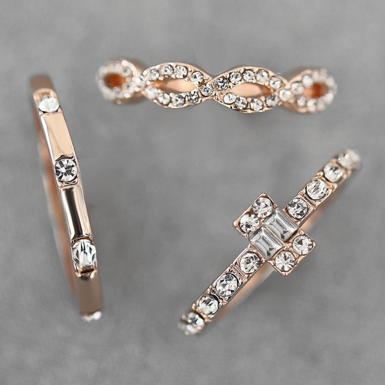 Rose Gold Stackable Pavé Ring Set – 3-Piece Minimal Diamond Bands