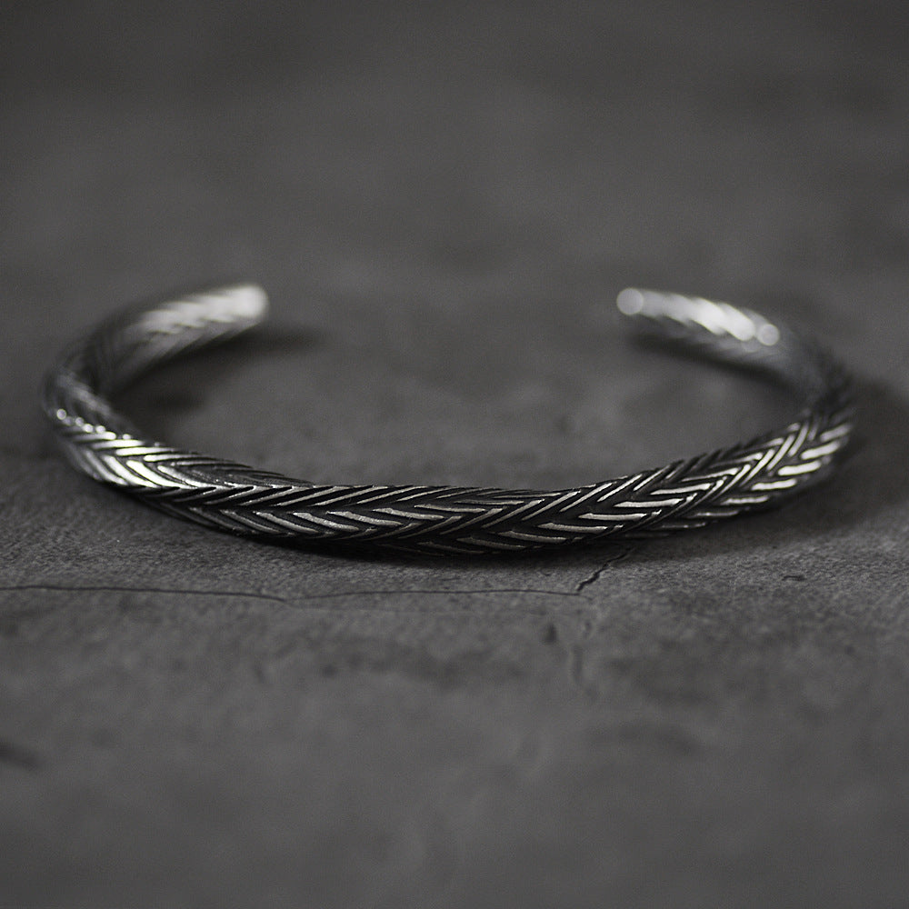 Herringbone Pattern Open Cuff Bracelet with Textured Finish