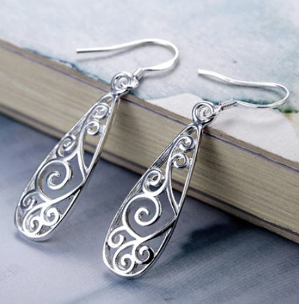 Elegant Platinum Swirl Filigree Drop Earrings