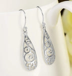 Elegant Platinum Swirl Filigree Drop Earrings
