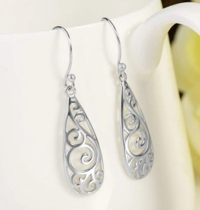 Elegant Platinum Swirl Filigree Drop Earrings