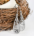 Elegant Platinum Swirl Filigree Drop Earrings