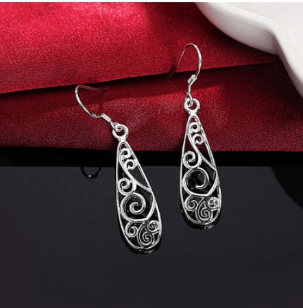 Elegant Platinum Swirl Filigree Drop Earrings