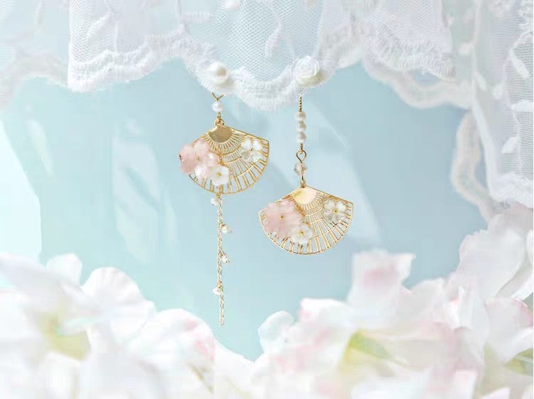 Elegant Fan-Shaped Drop Earrings with Pearl & Floral Detail