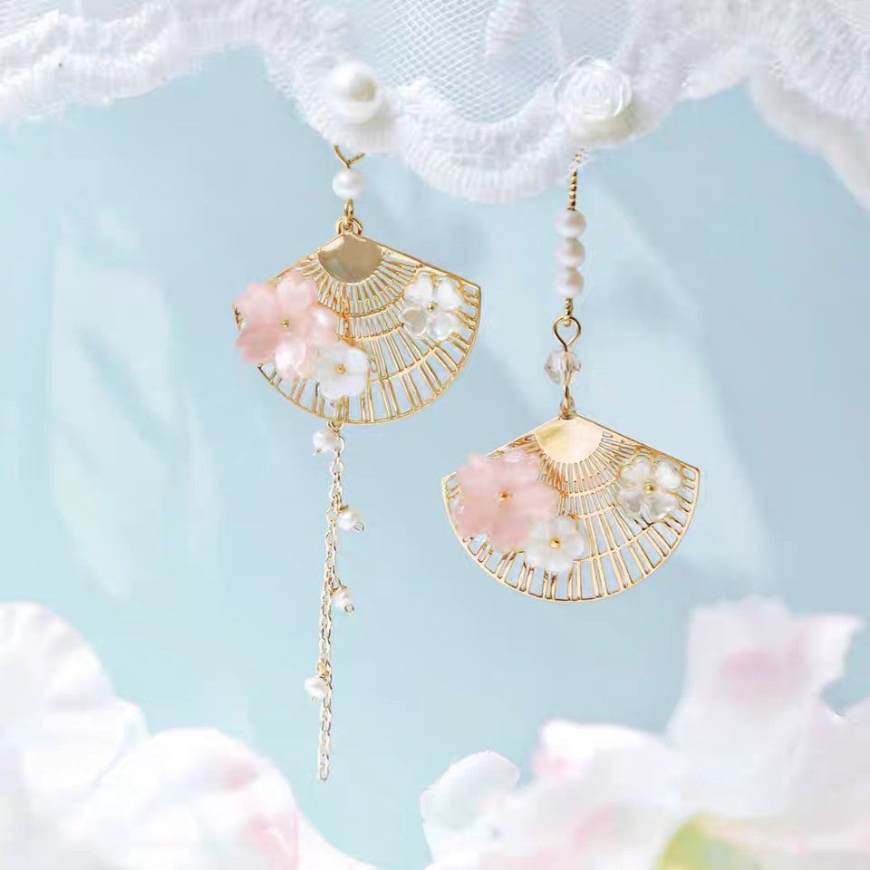 Elegant Fan-Shaped Drop Earrings with Pearl & Floral Detail