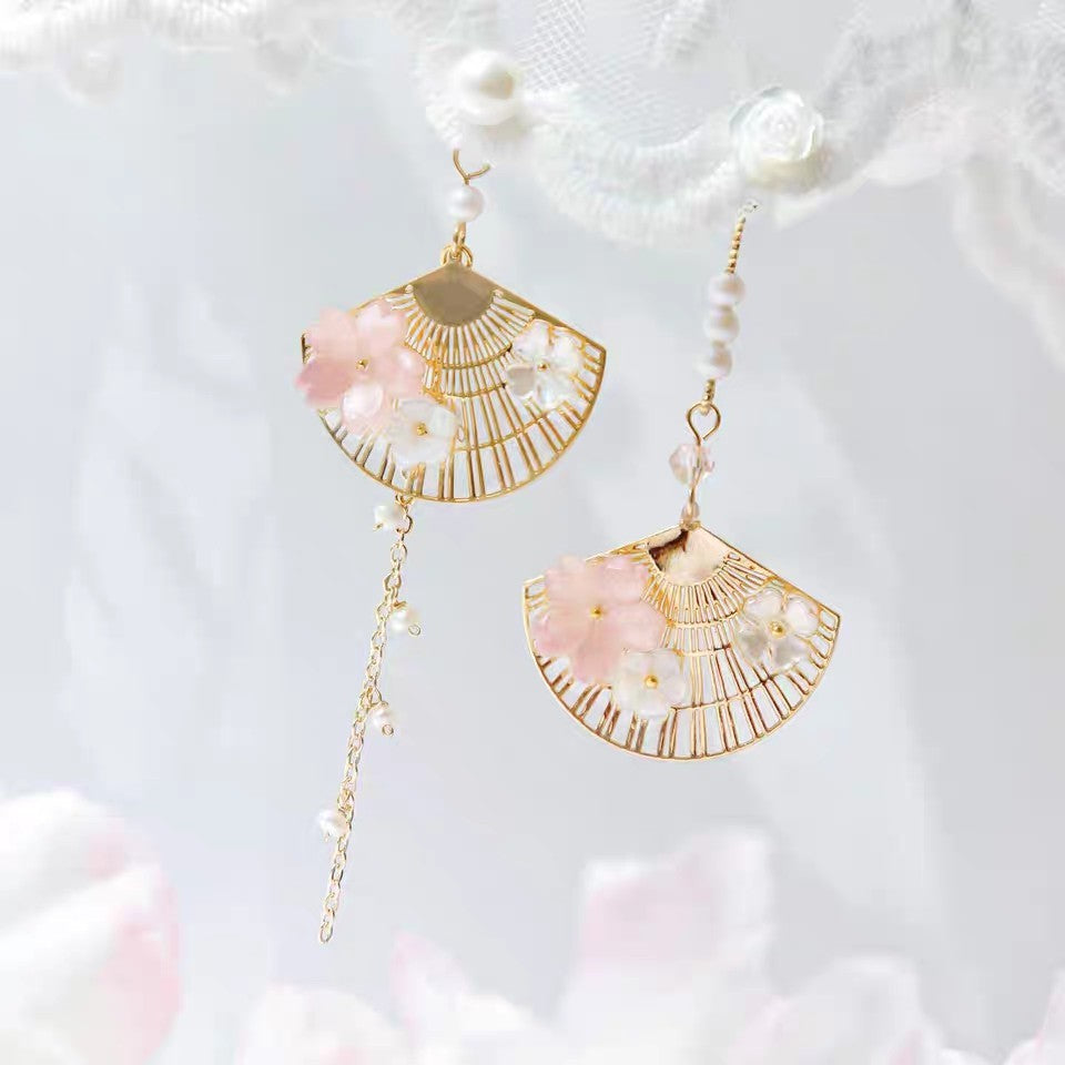 Elegant Fan-Shaped Drop Earrings with Pearl & Floral Detail