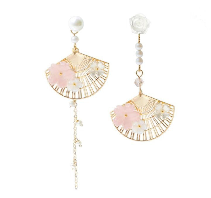 Elegant Fan-Shaped Drop Earrings with Pearl & Floral Detail
