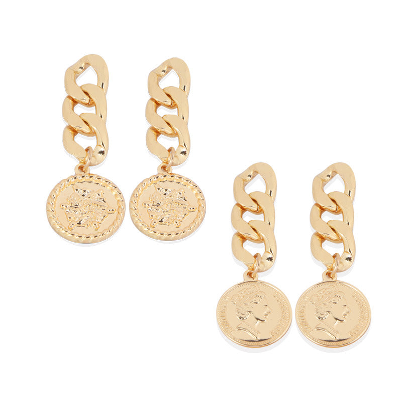 Bold Chain-Link Earrings with Vintage Coin Charm