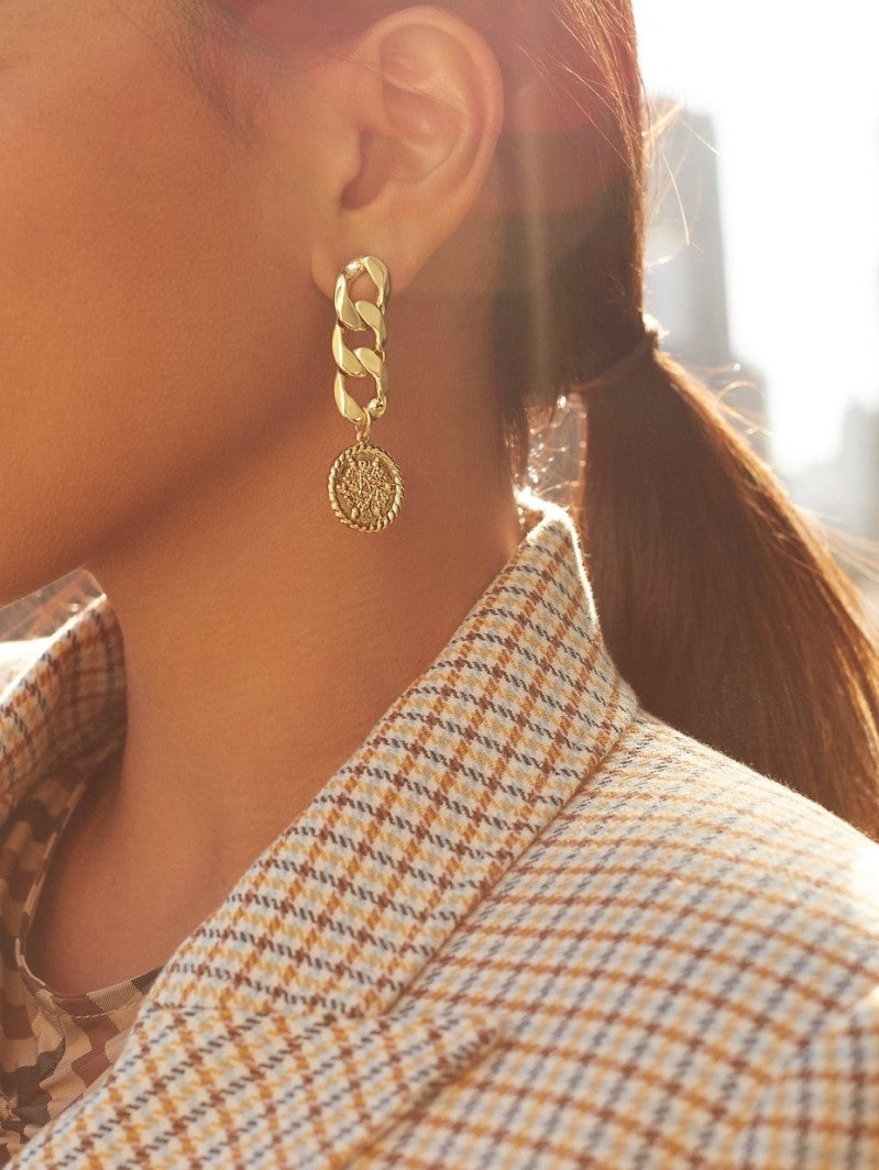 Bold Chain-Link Earrings with Vintage Coin Charm