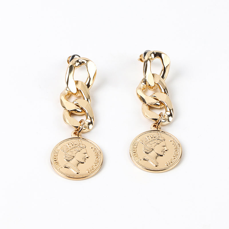 Bold Chain-Link Earrings with Vintage Coin Charm