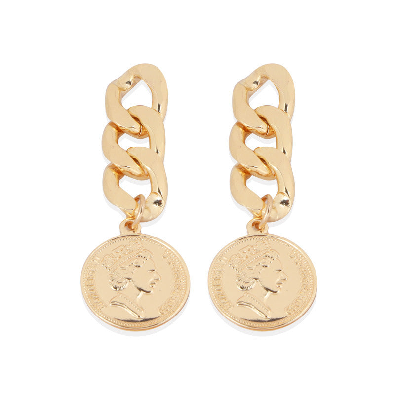 Bold Chain-Link Earrings with Vintage Coin Charm