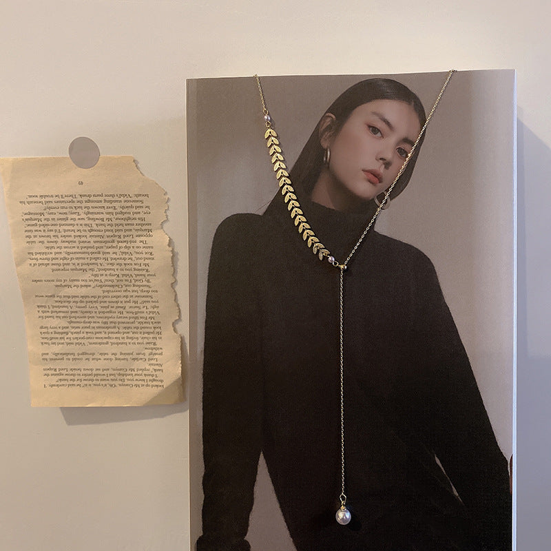 Asymmetric Leaf Y-Necklace with Pearl Drop