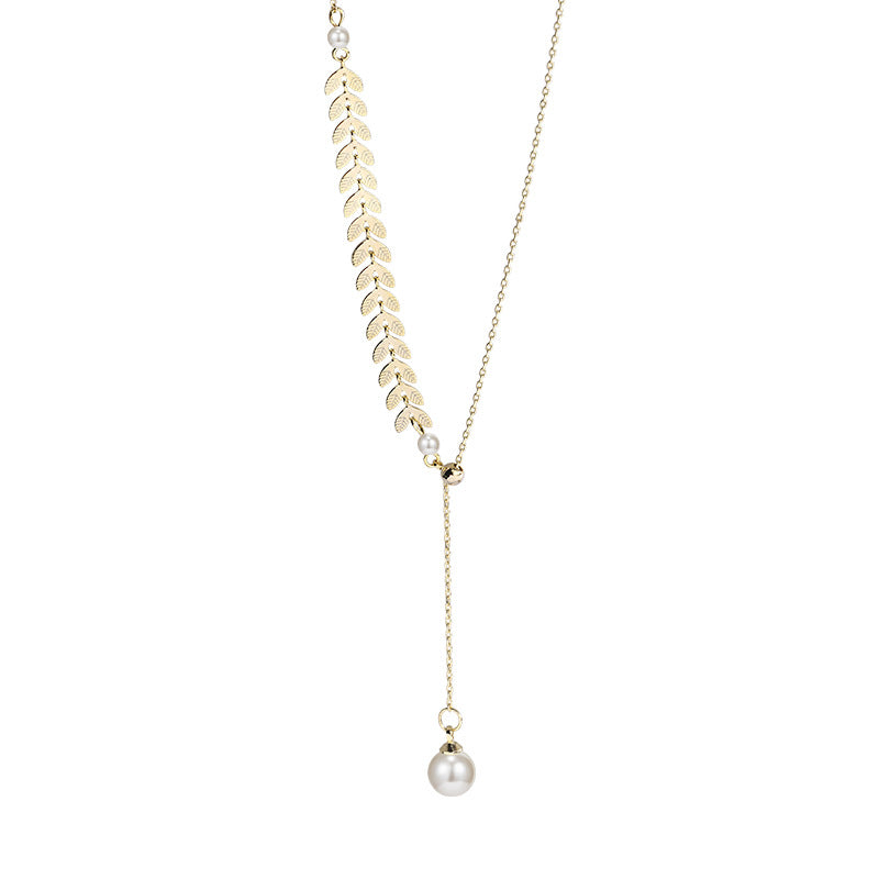 Asymmetric Leaf Y-Necklace with Pearl Drop