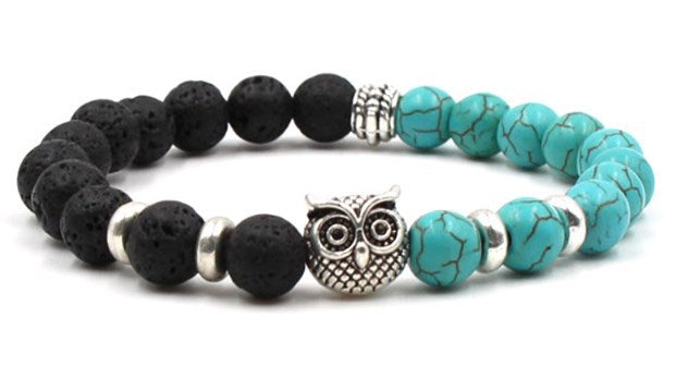 Beaded Owl Charm Bracelet with Natural Stone Design