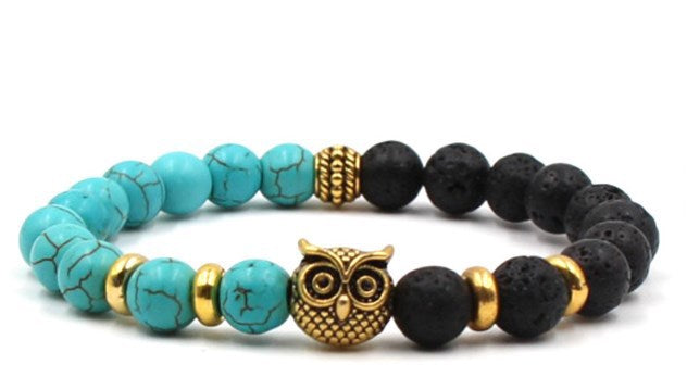 Beaded Owl Charm Bracelet with Natural Stone Design