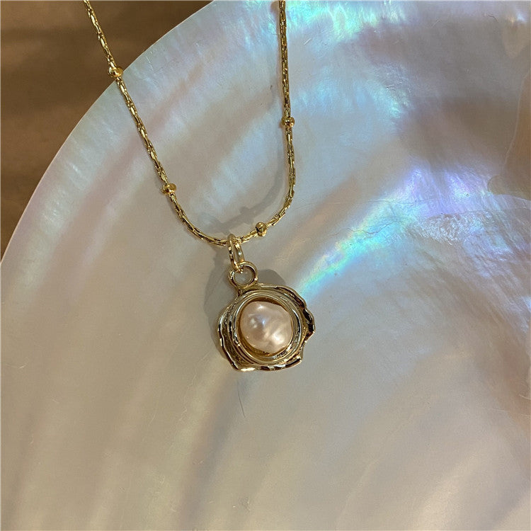 Pearl Pendant Necklace with Organic Gold-Style Frame